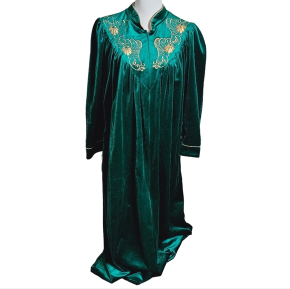Vintage Emerald Green Velour Half Zip Robe Sz Medium Floral Embroidered Lounge - Picture 1 of 13